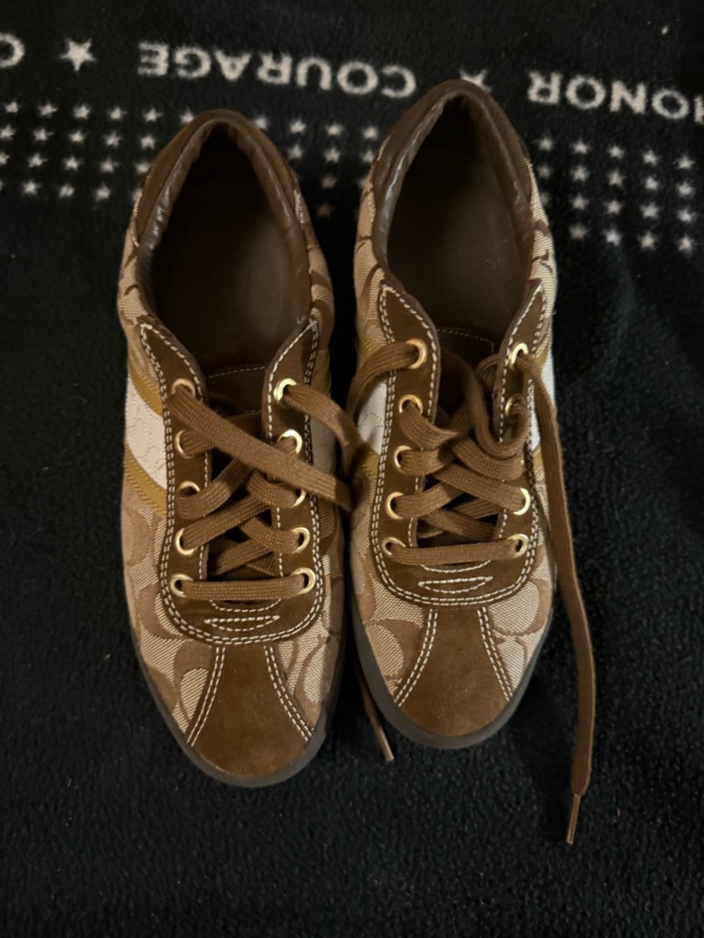 Monogram Lace-Up Sneakers in Brown with Cream & Tan Stripes